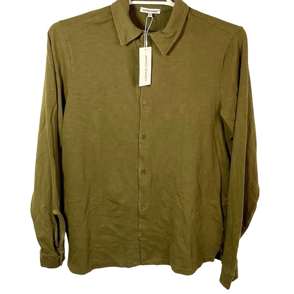 Cotton Citizen Mens Presley Slub Knit‎ Shirt Sz L Olive Green LS Button Up